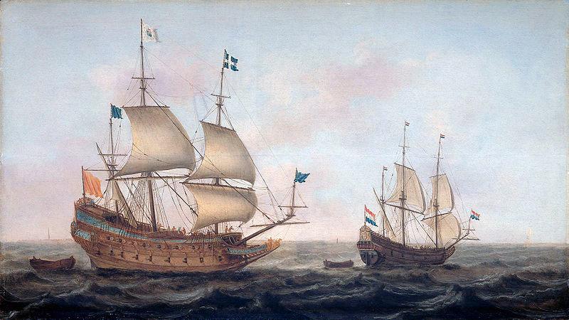 Jacob Gerritz. Loeff, Monogrammist JGL French man-of-war escorted by a Dutch ship in quiet water oil painting picture